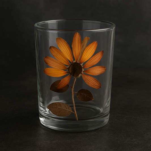 Copo de Vidro Artesanal Gerbera 300ml com Folhas Naturais