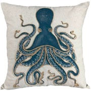 Almofada de Linho Cru Bordado com Motivo de Polvo Azul 52 cm
